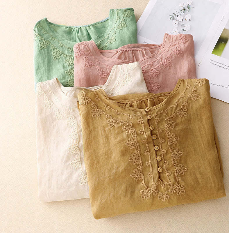 Casual Women's Plain Frog Buckle Design Half Sleeve Cotton Linen Shirt