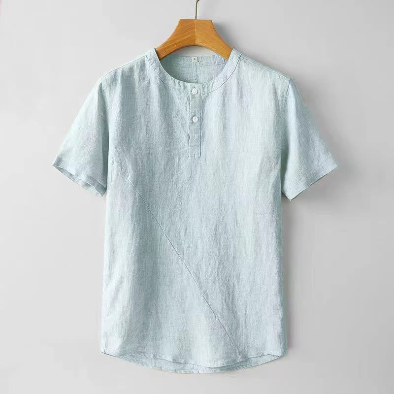 Solid Color Short Sleeve Two Top Buttons Cotton Linen Men's Shirt