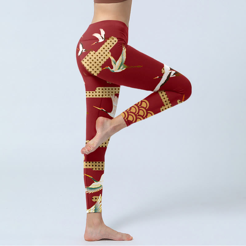 Red Crowned Crane Cloud Pattern Print Gym Leggings Women's Yoga Pants