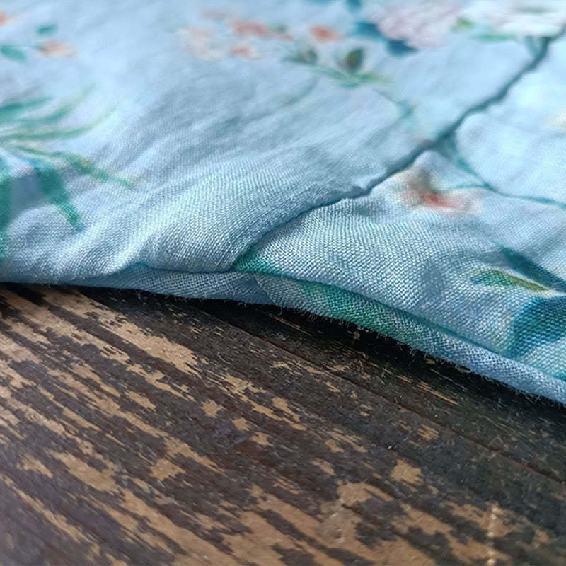 Light Green Pink Flowers Green Leaves Frog-Button Long Sleeve Ramie Linen Jacket Shirt