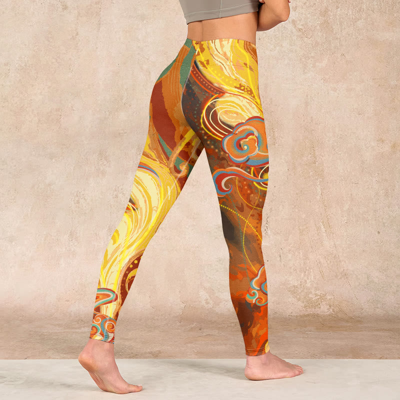 Golden Auspicious Cloud Waves Print Gym Leggings Women's Yoga Pants