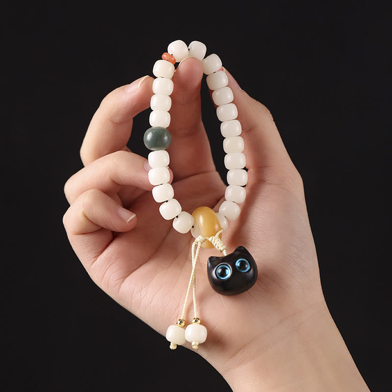 Natural Bodhi Seed African Blackwood Lovely Cat Charm Peace Harmony Bracelet