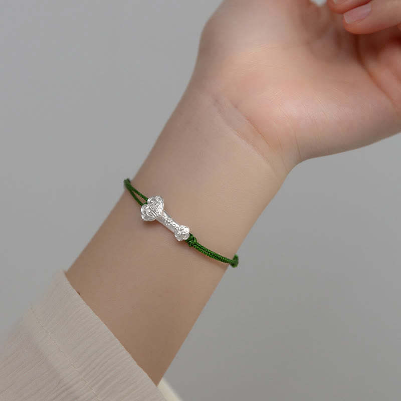 Handmade 999 Sterling Silver Fu Character Wish Ruyi Handle Luck Braided Green Rope Bracelet