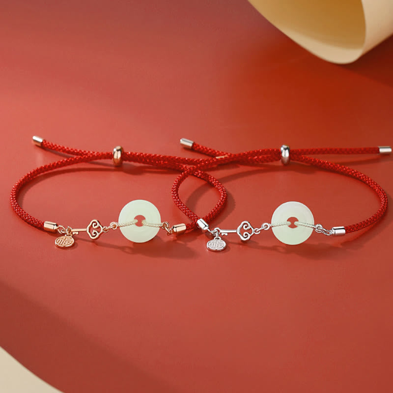 Natural Hetian Jade Peace Buckle 925 Sterling Silver Red String Fu Character Protection Luck Bracelet