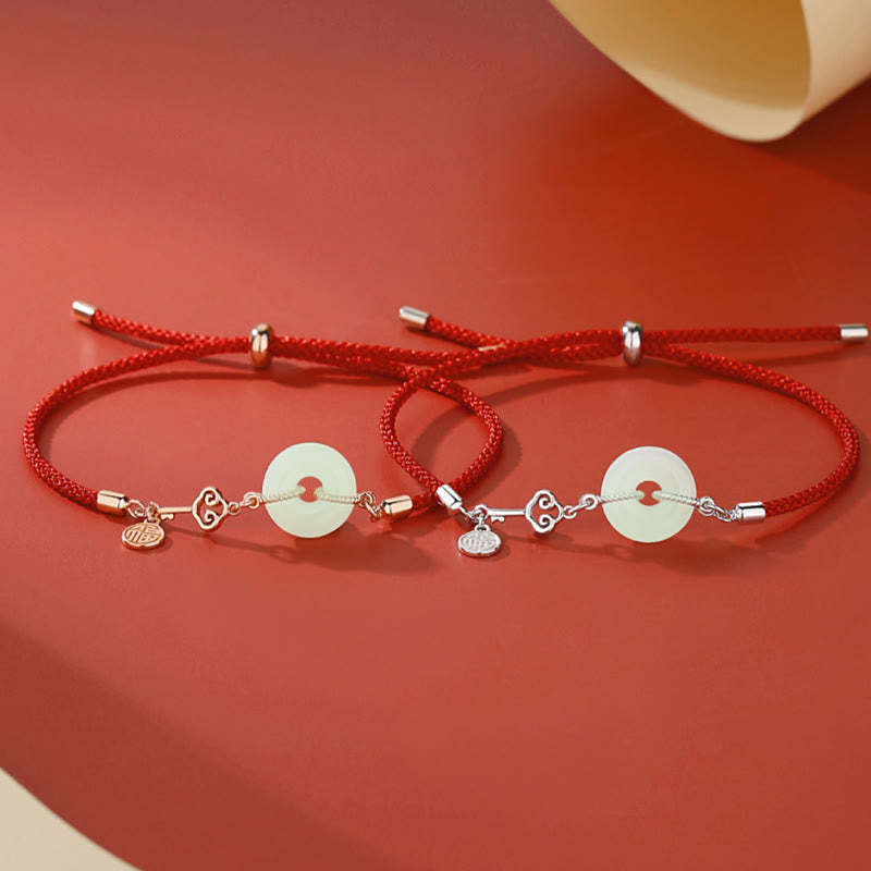 Natural Hetian Jade Peace Buckle 925 Sterling Silver Red String Fu Character Protection Luck Bracelet