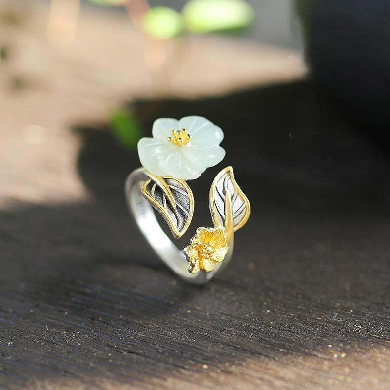 925 Silver Plated Copper White Jade Plum Flower Leaf Luck Ring