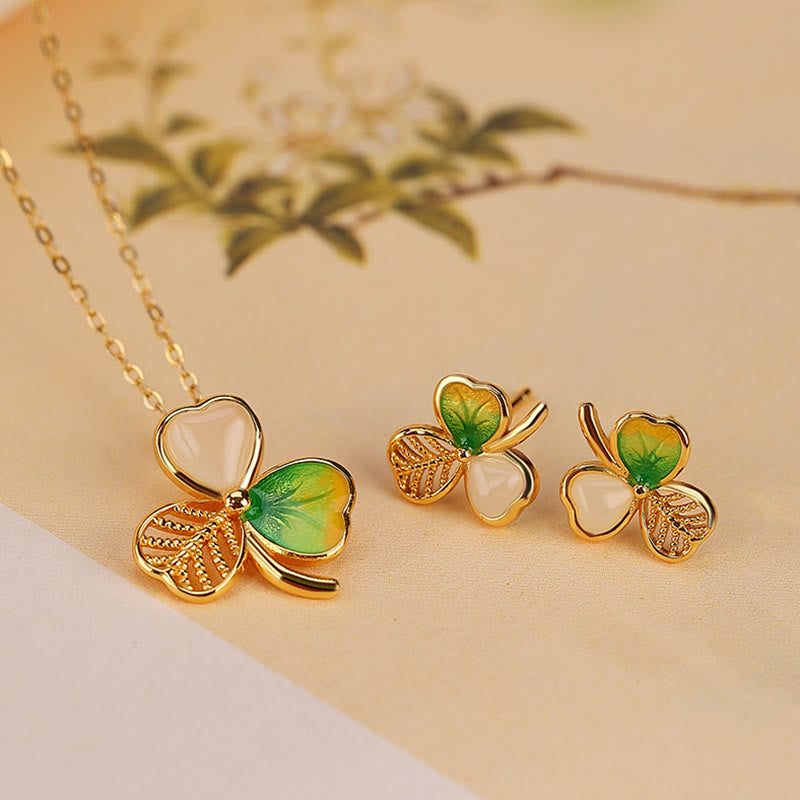 925 Sterling Silver Plated Gold Hetian Jade Luck Shamrock Clover Necklace Pendant Earrings