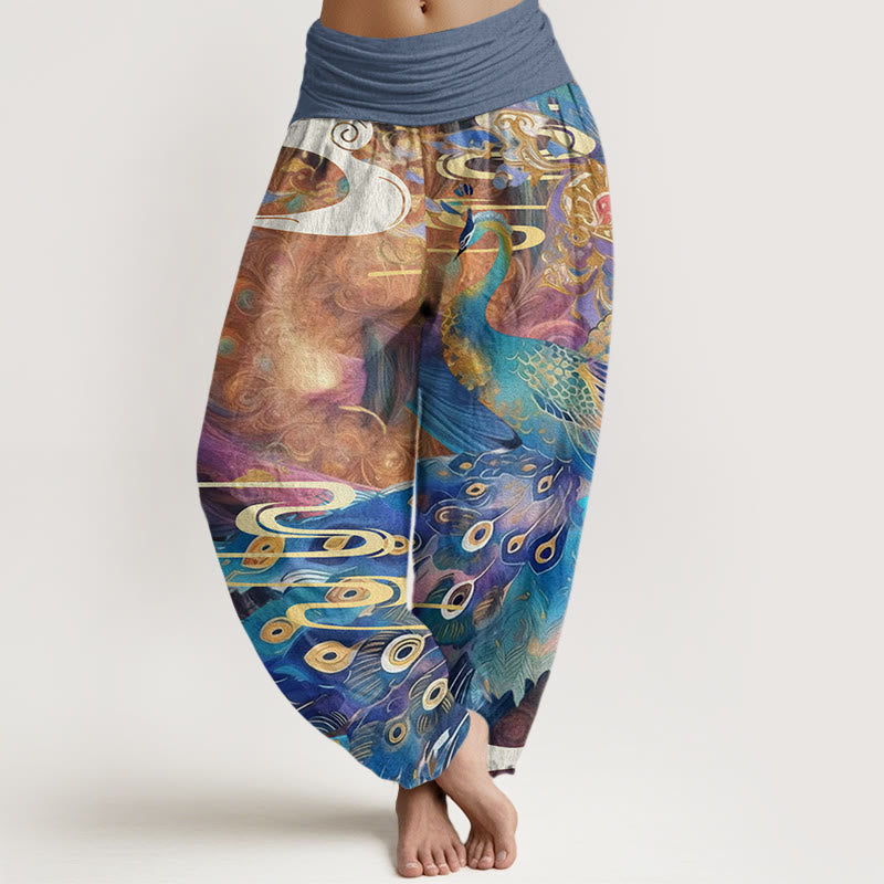 Vibrant Peacock Auspicious Clouds Pattern Women's Elastic Waist Harem Pants