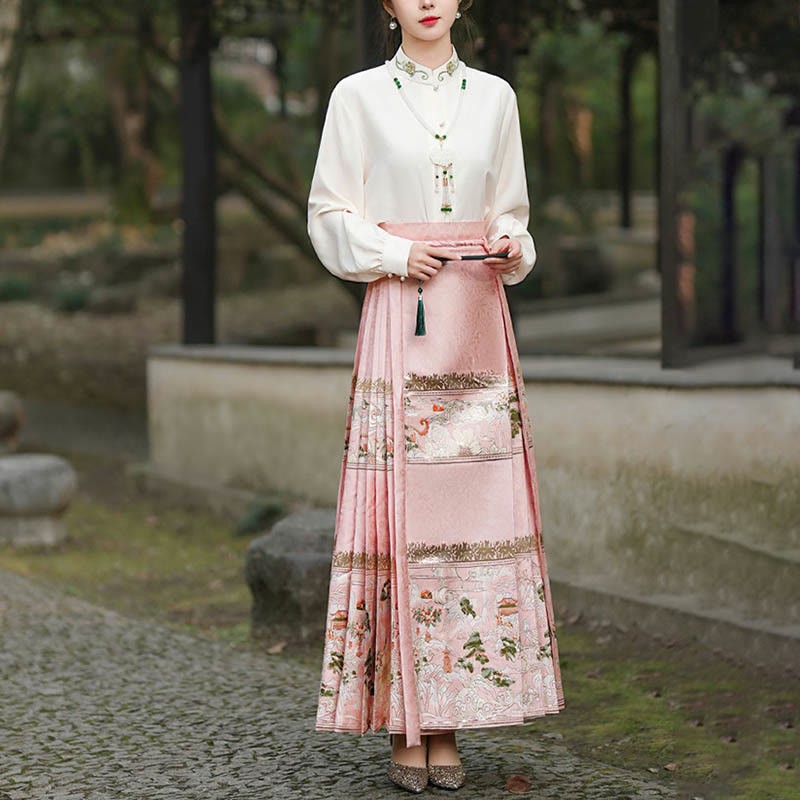 Chinese Hanfu Pink Peach Garden Printed Horse Face Skirt Mamianqun