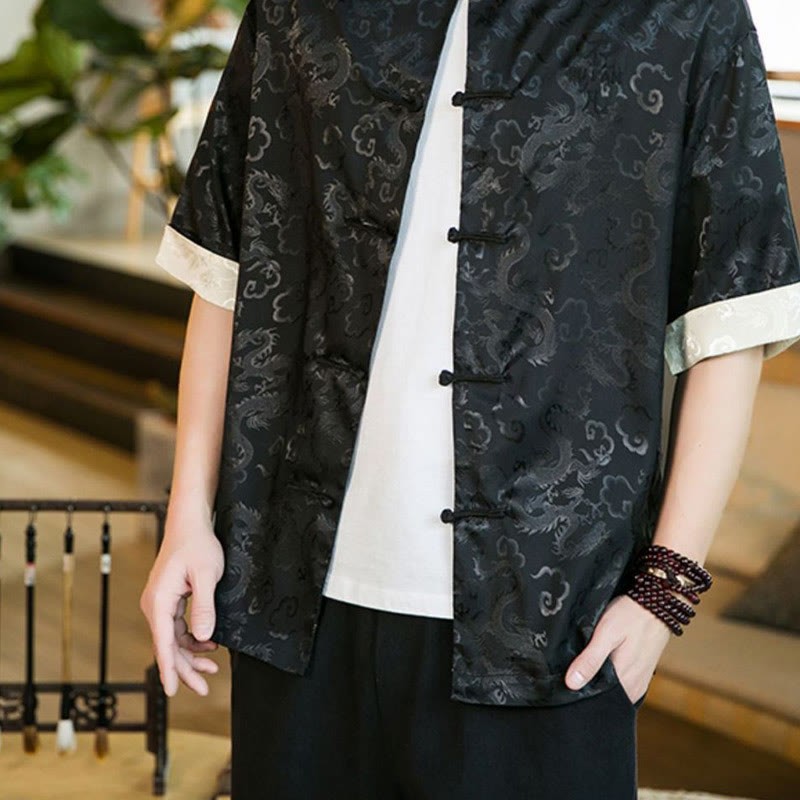 Chinese Tang Suit Frog-button Dragon Print Men's Half Sleeve Shirts