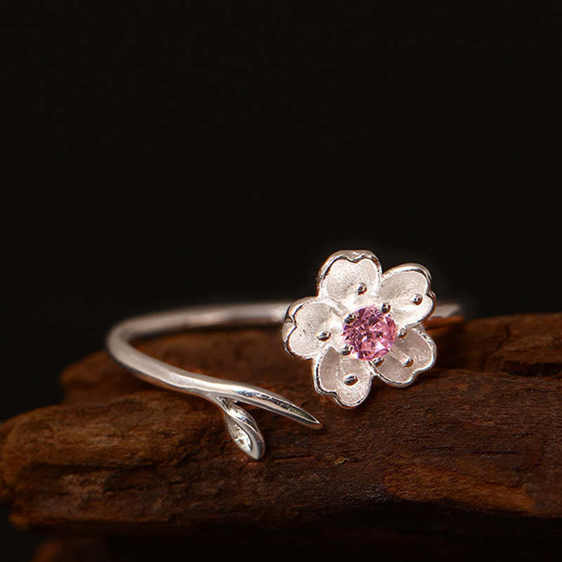 925 Sterling Silver Cherry Blossom Sakura Flower Blessing Adjustable Ring