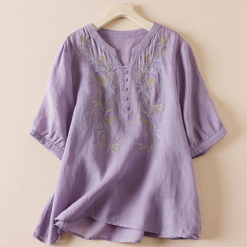 Casual Embroidery Plants Women's V-Neck Design Half Sleeve Cotton Blended Shirt