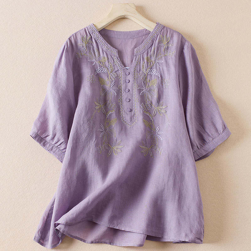 Casual Embroidery Plants Women's V-Neck Design Half Sleeve Cotton Blended Shirt