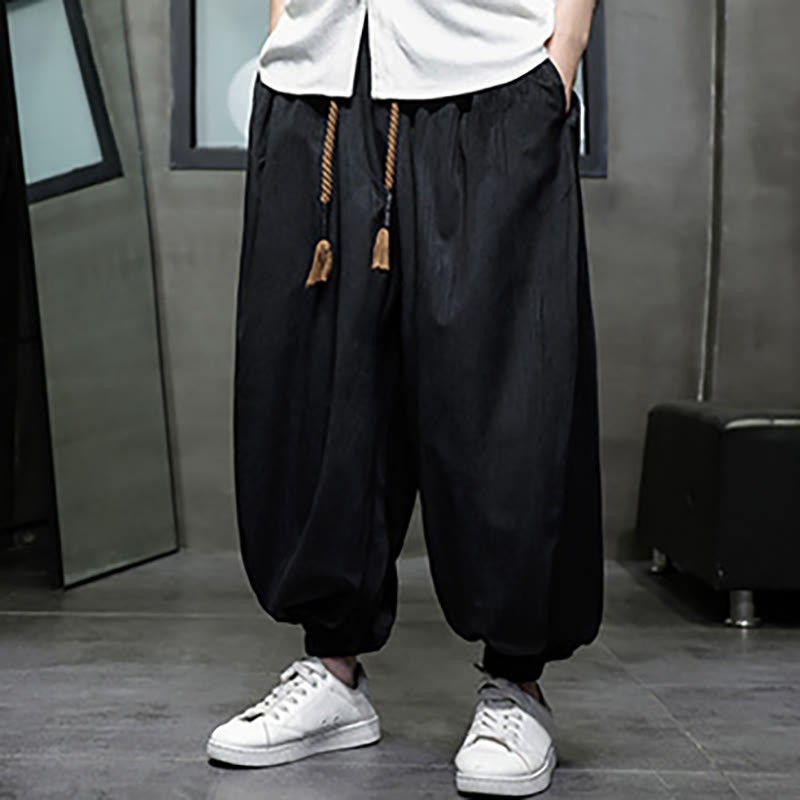 Solid Color Corduroy Drawstring Thermal Men's Harem Pants With Pockets