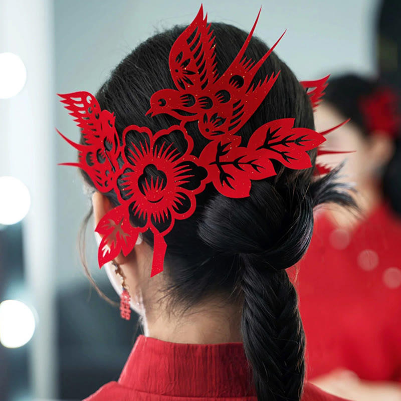 Classical Chinese Wedding Red Magpie Flower Paper Cutting Flocking Cloth Hair Clip