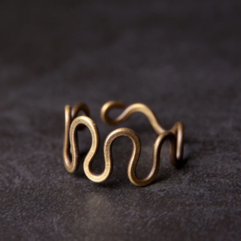 Simple Curved Brass Design Copper Luck Wealth Adjustable Ring