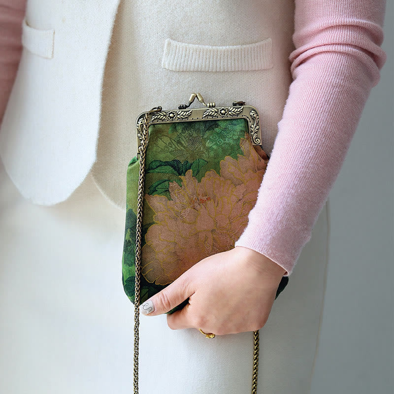 Small Green Peony Butterfly Metal Chain Crossbody Bag Shoulder Bag Cellphone Bag
