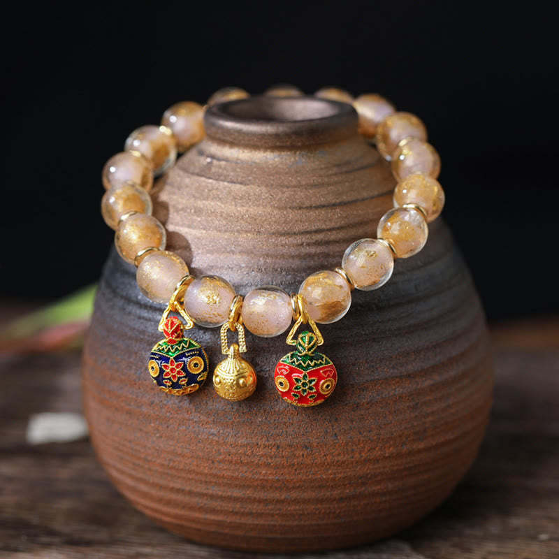 Gold Swallowing Beast Family Charm Gold Silver Foil Liuli Glass Bead Blessings Bracelet