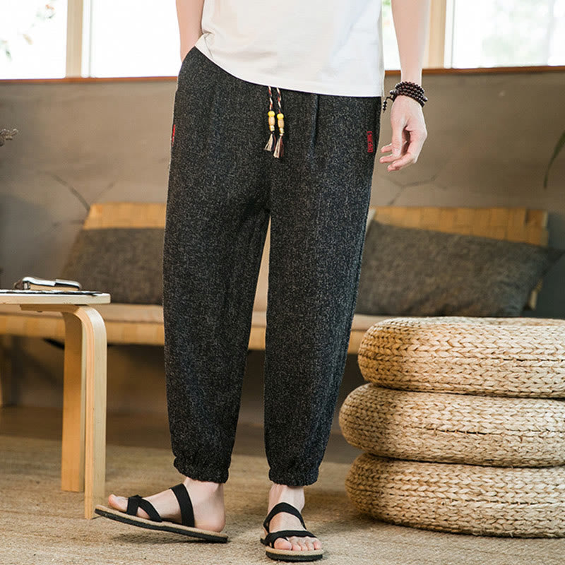 Plain Drawstring Cotton Men's Harem Pants With Pockets
