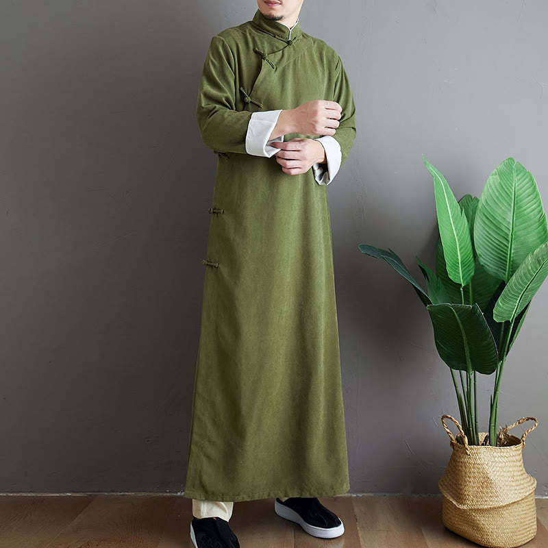 Fall Solid Color Chinese Frog-Button Cotton Men's Tang Suit Robe