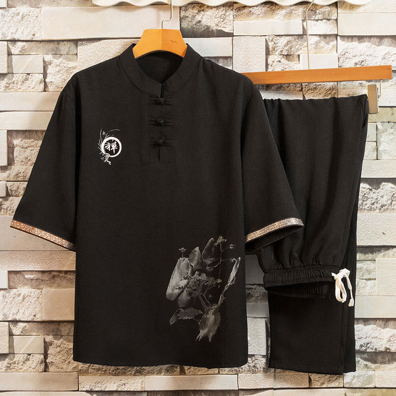 2Pcs Tree Pattern Cotton Linen Frog-Button Short Sleeve Shirt Pants Men's Set