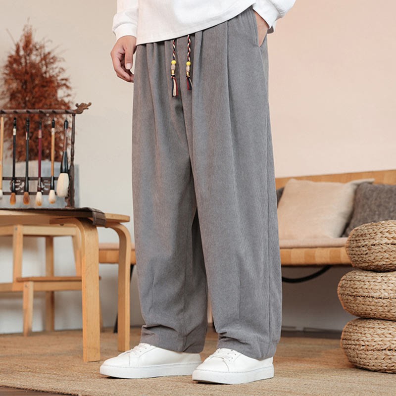 Fall Winter Men's Drawstring Corduroy Solid Pants With Pockets
