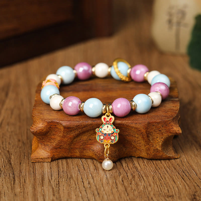 Tibetan Zakiram Goddess of Wealth Rabbit Lion Head Charm Liuli Glass Incense Ash Porcelain Bead Protection Bracelet