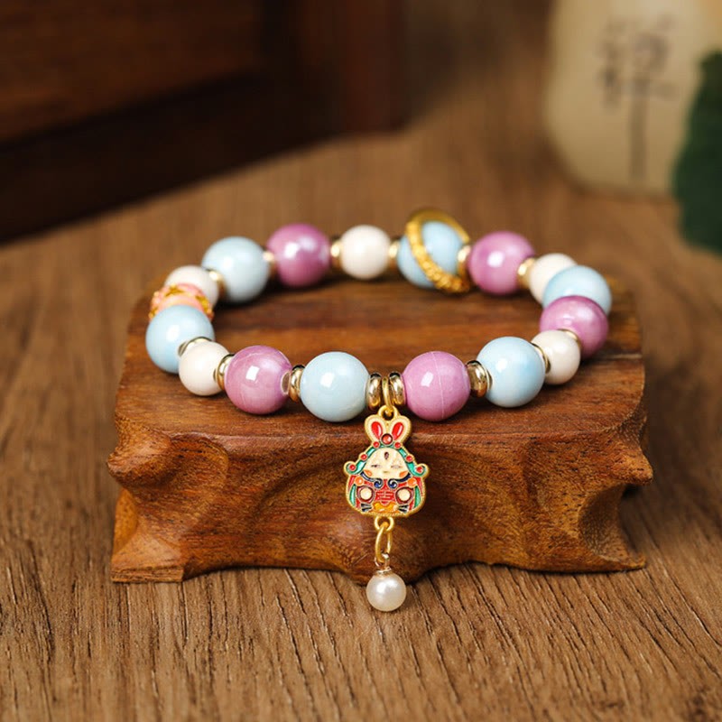 Tibetan Zakiram Goddess of Wealth Rabbit Lion Head Charm Liuli Glass Incense Ash Porcelain Bead Protection Bracelet