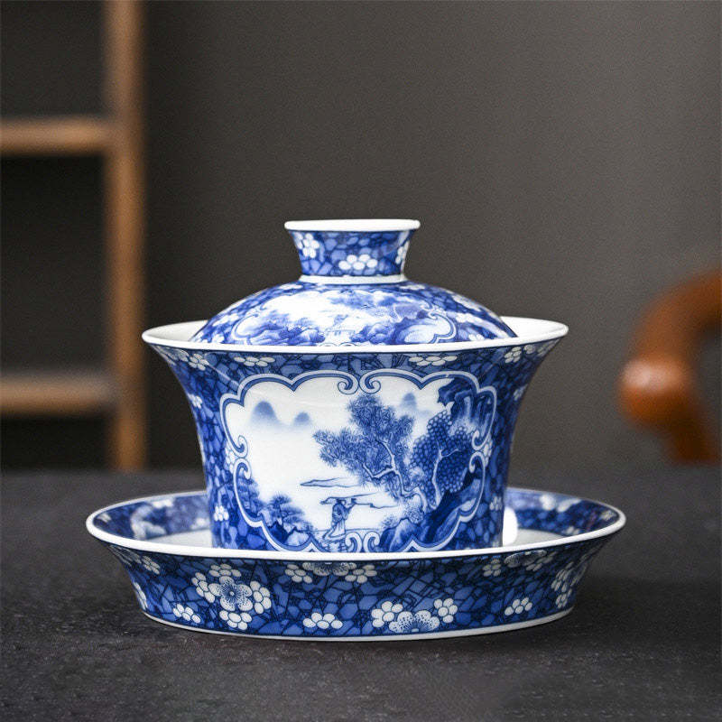 Jingdezhen Dragon Phoenix Pavilion Pine Flower Ceramic Gaiwan Sancai Teacup Kung Fu Tea Cup And Saucer With Lid 170ml