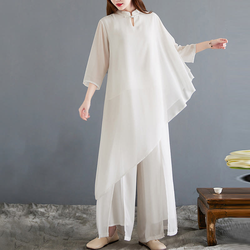 2Pcs Three Quarter Sleeve Irregular Design Shirt Wide Leg Pants Meditation Chiffon Women's Set