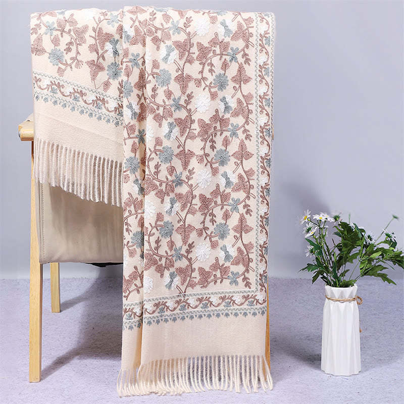 Polyester Shawl Cashew Flowers Embroidery Tassel Winter Cozy Travel Scarf Wrap