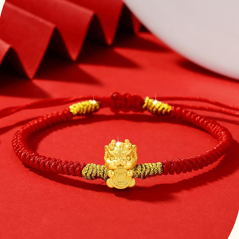 999 Sterling Silver Year of the Dragon Copper Coin Fortune Dragon Fu Character Luck Handcrafted Red String Braided Bracelet (Extra 30% Off | USE CODE: FS30)
