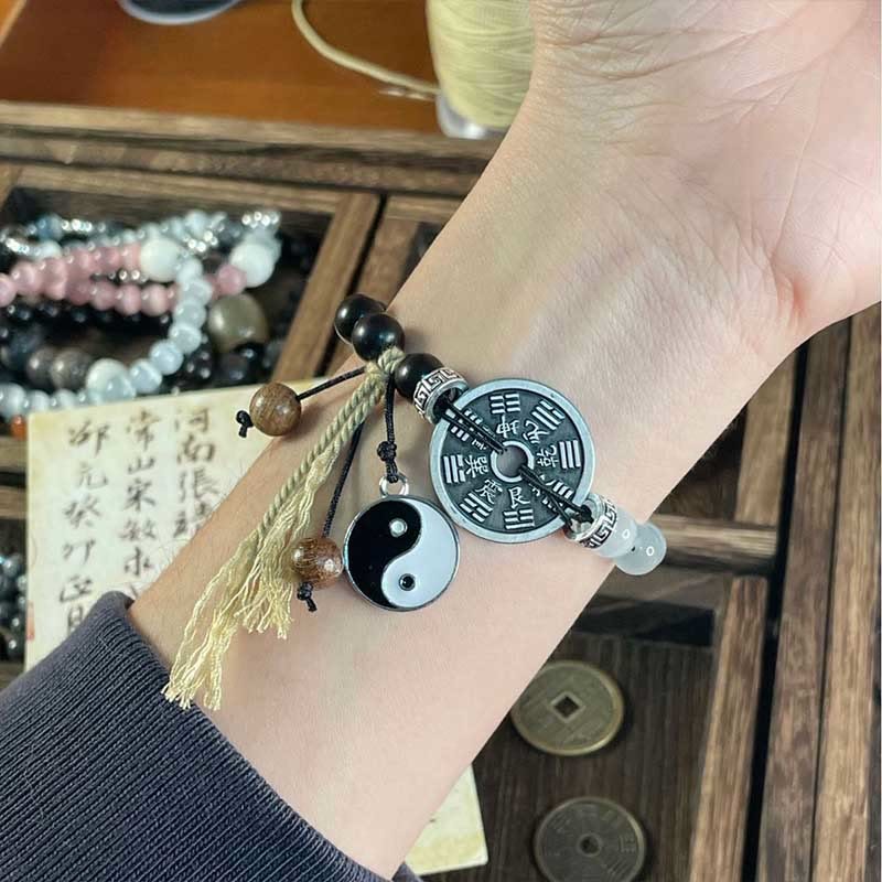 Cat's Eye Ebony Wood Yin Yang Bagua Coin Support Rope Bracelet