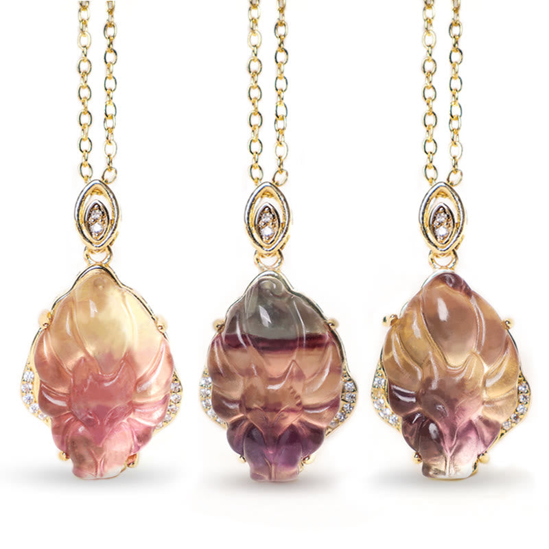 Natural Colorful Fluorite Nine-Tailed Fox Protection Necklace Pendant