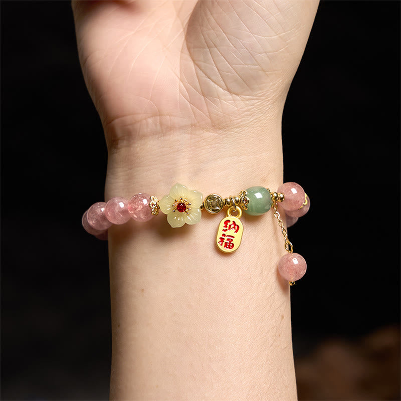 Natural Strawberry Quartz Blossom Fu Character Positivity Healing Bracelet