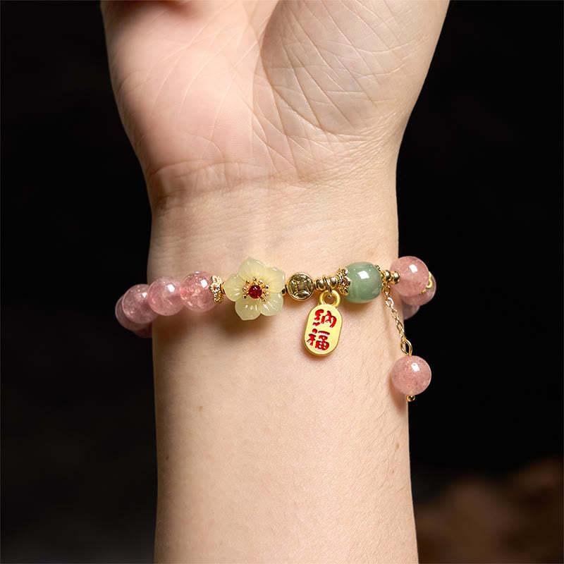 Natural Strawberry Quartz Blossom Fu Character Positivity Healing Bracelet