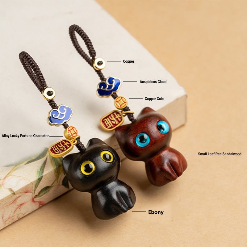 Small Leaf Red Sandalwood Ebony Wood Lucky Cat Protection Key Chain Phone Hanging Decoration