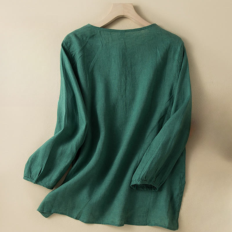 Casual Embroidery Flowers Leaves Women's Crew Neck Design Long Sleeve Cotton Linen Shirt