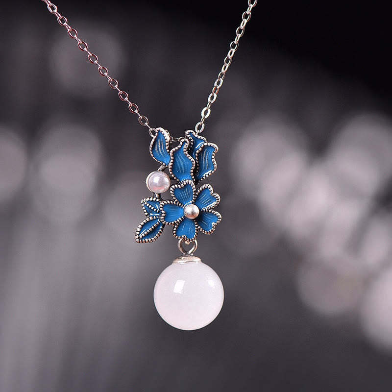 White Jade 925 Sterling Silver Pearl Flower Blessing Necklace Pendant Ring Earrings