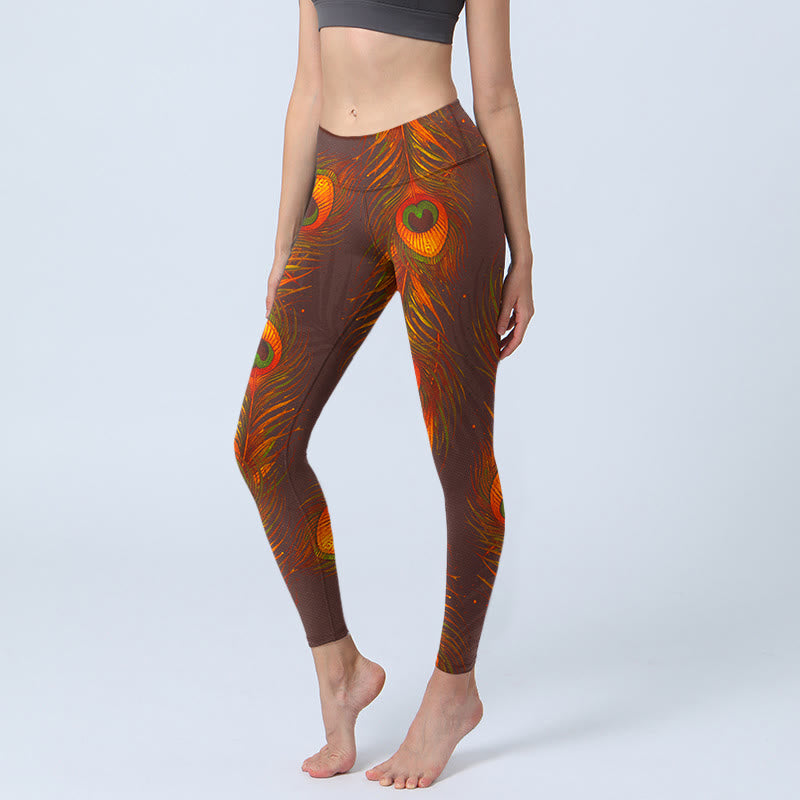 Brown Peacock Feathers Print Gym Leggings Women's Yoga Pants