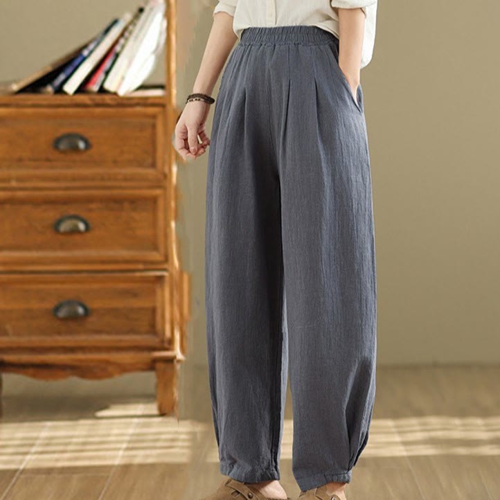 Casual Solid Color Tapered Elastic Waistband Cotton Linen Women's Pants With Pockets