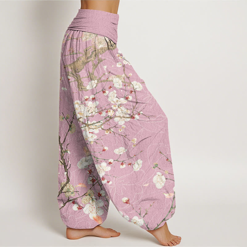 Casual White Plum Blossom Tree Trunk Women's Elastic Waist Harem Pants