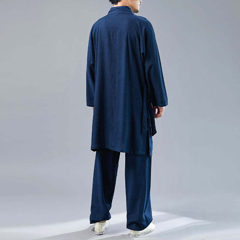 2Pcs V-Neck Men's Long Sleeve Shirt Top Pants Meditation Zen Tai Chi Cotton Linen Clothing Set