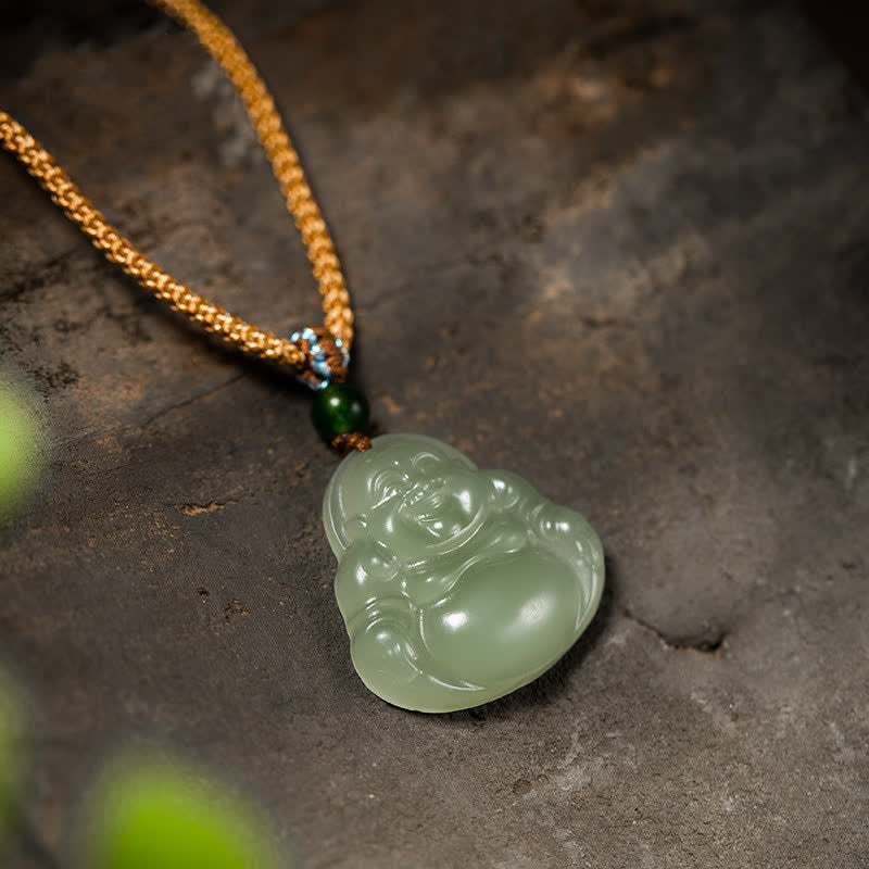 Laughing mystic zen Jade Lotus Prosperity String Necklace Pendant