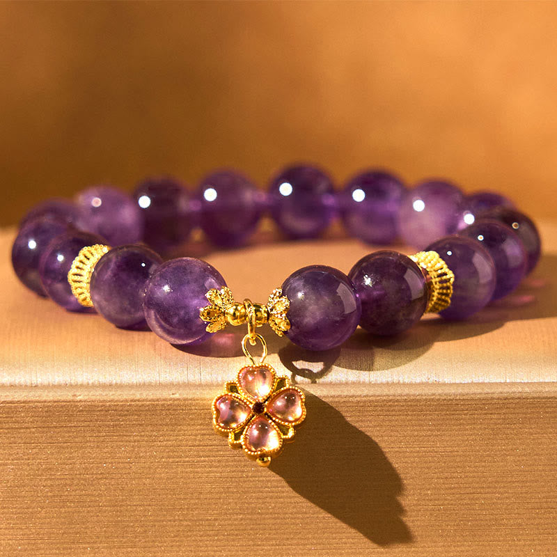 Natural Amethyst Four Leaf Clover Charm Communication Bracelet