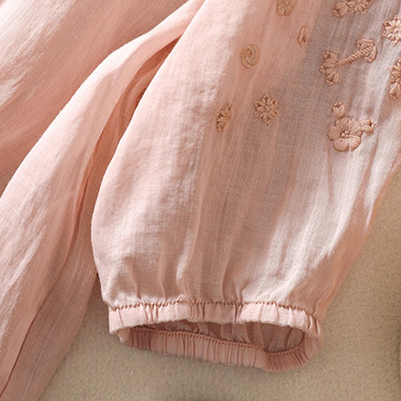 Casual Plain Button Floral Embroidered Design Puff Half Sleeve Cotton Linen Women's Shirt