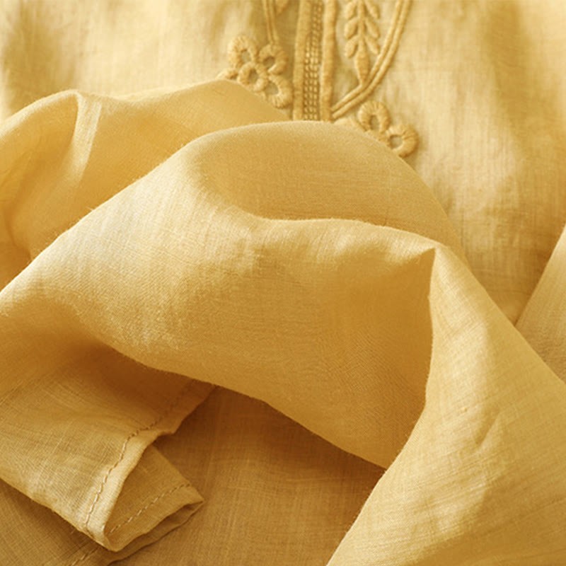 Women's Crew Neck Hollow Design Half Sleeve Cotton Linen Shirt