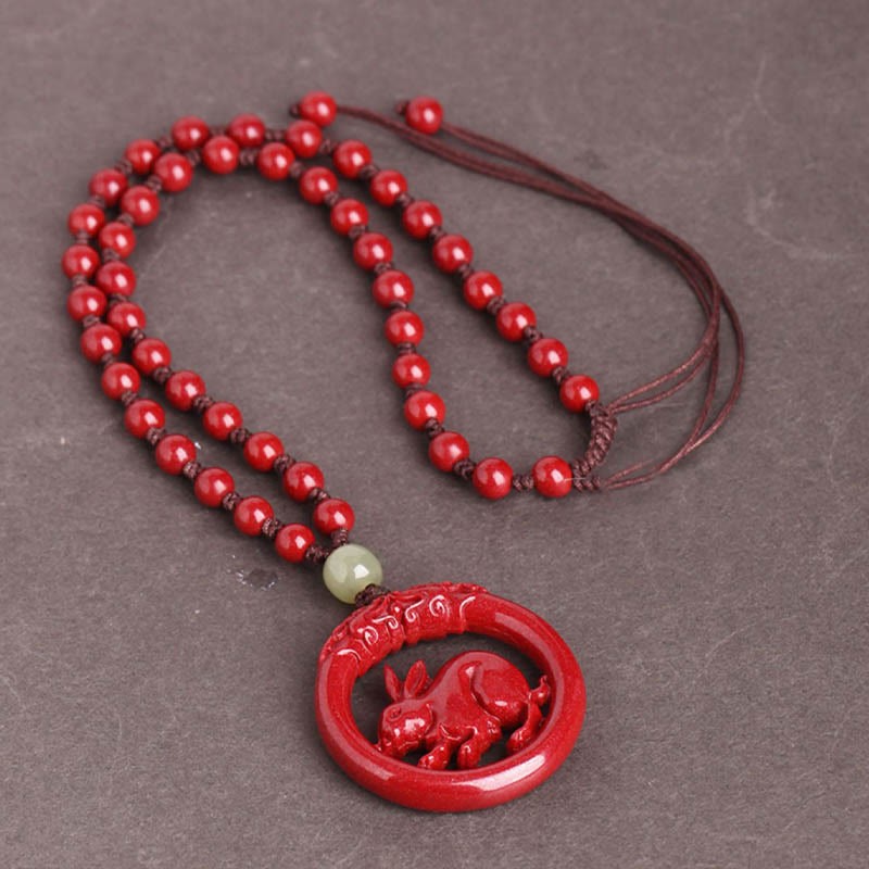 Chinese Zodiac Cinnabar Hetian Jade Peace Buckle Calm Necklace Pendant