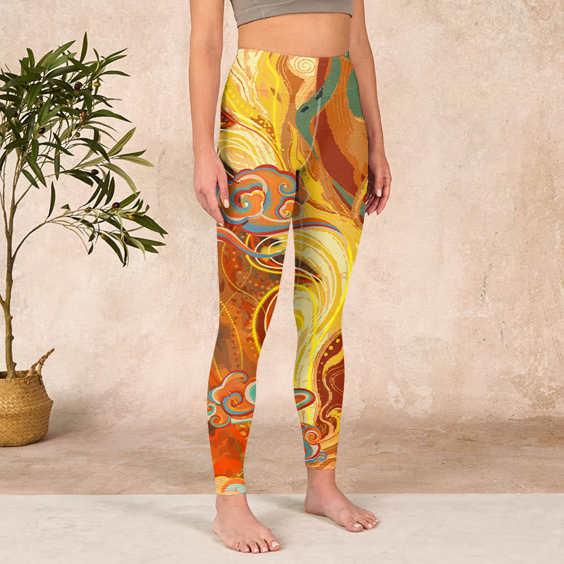 Golden Auspicious Cloud Waves Print Gym Leggings Women's Yoga Pants