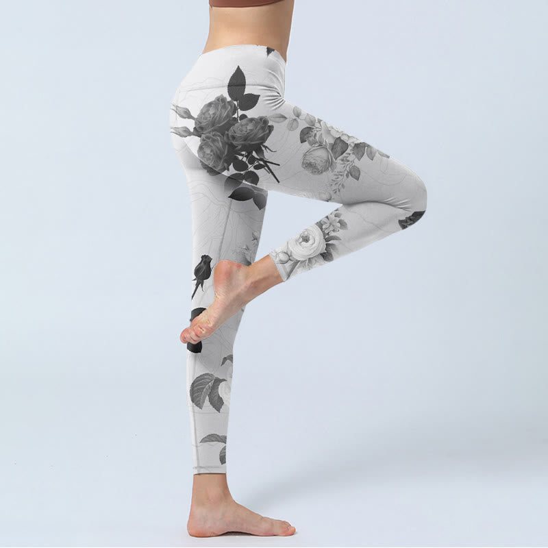 Black White Rose Gym Leggings Women's Yoga Pants